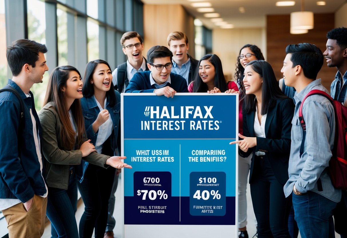 A group of students eagerly gather around a promotional display for Halifax interest rates, discussing and comparing the benefits