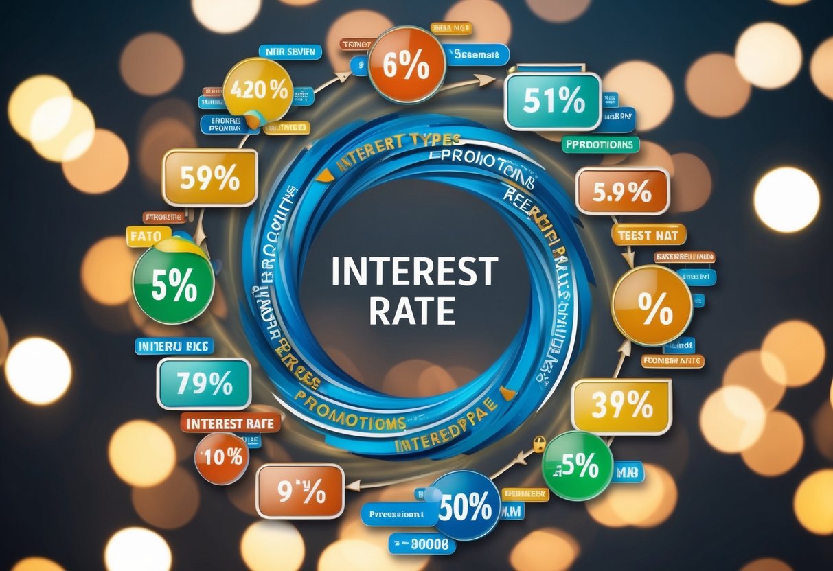Various interest rate symbols swirling around a central point, each representing different types of promotions