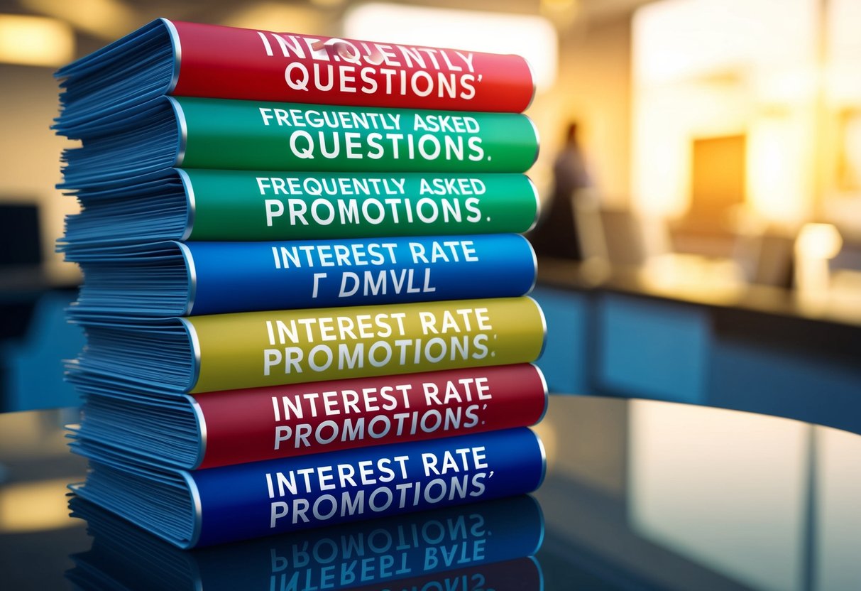 A stack of colorful promotional banners with "Frequently Asked Questions" and "Interest Rate Promotions" displayed prominently