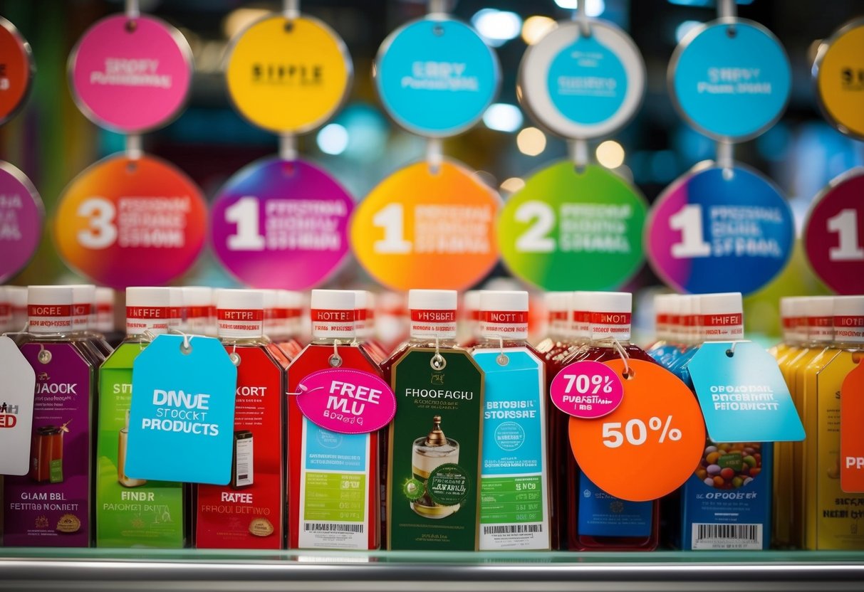 A colorful display of various products with promotional tags at iShopChangi