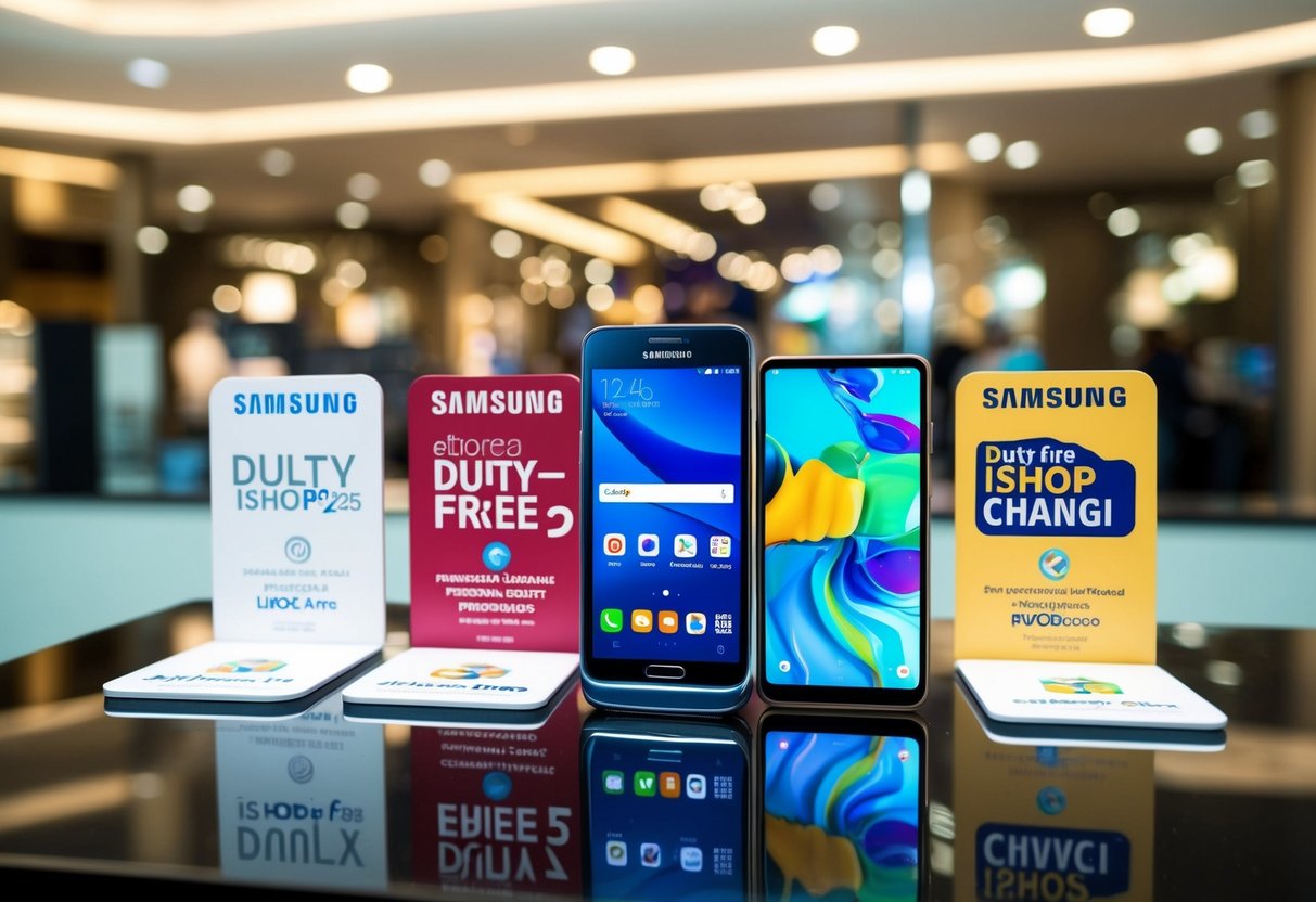 A sleek Samsung Galaxy Z Flip5 displayed among Duty-Free iShopChangi promotions