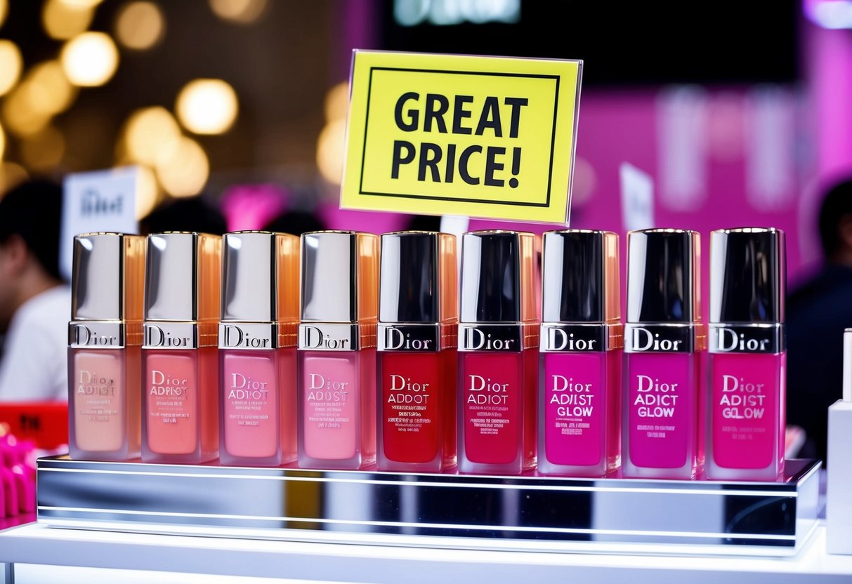 A vibrant display of Dior Addict Lip Glow products with a "Great Price!" sign at an ishopchangi promotions booth