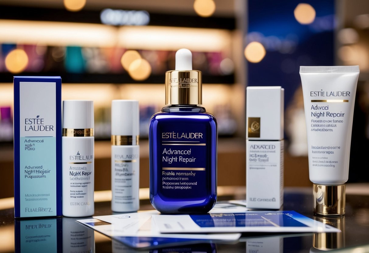 A bottle of Estee Lauder Advanced Night Repair displayed among various promotional materials at an iShopChangi store