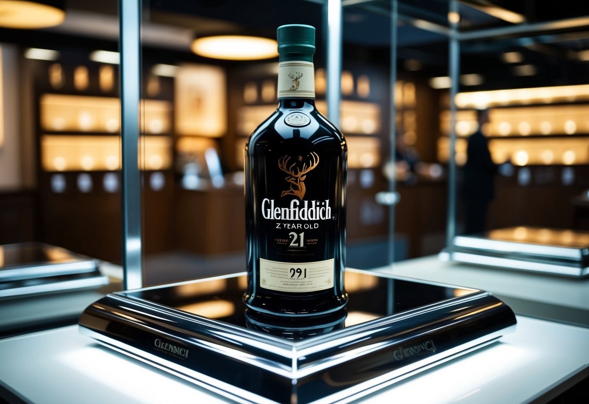 A luxurious bottle of Glenfiddich 21-Year Old sits on a polished display shelf, surrounded by elegant Changi Exclusive ishopchangi promotions
