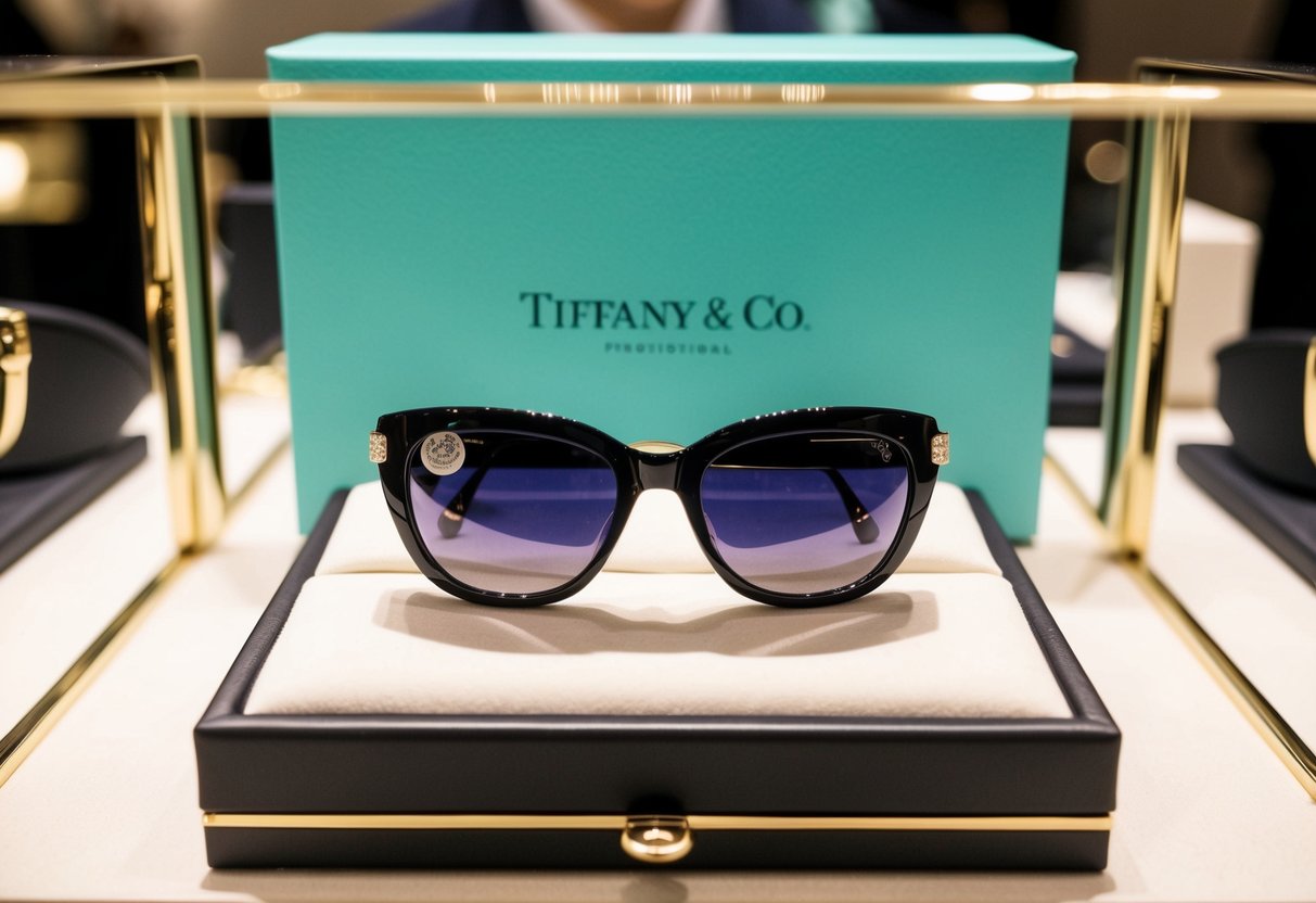 A display of exclusive Tiffany & Co. sunglasses at the iShopChangi promotions, featuring elegant designs and luxurious packaging