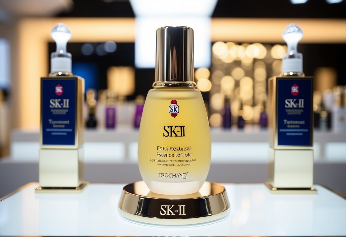 A bottle of SK-II Facial Treatment Essence displayed with promotional signage at iShopChangi