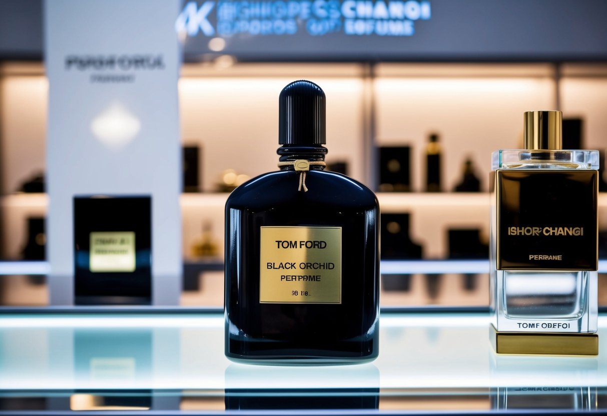 A luxurious bottle of Tom Ford Black Orchid Perfume displayed on a sleek, modern counter with iShopChangi promotional signage nearby