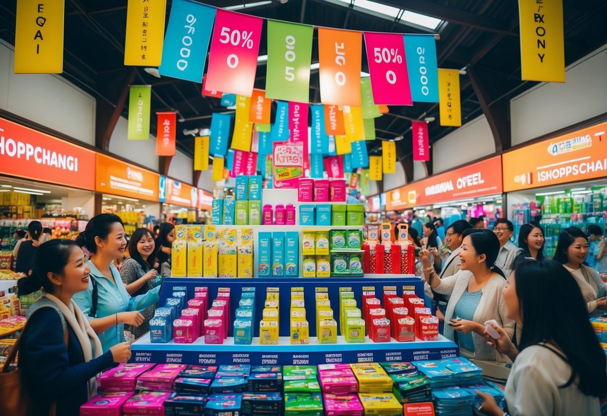 A vibrant display of products with colorful banners and discount tags at iShopChangi, surrounded by excited shoppers