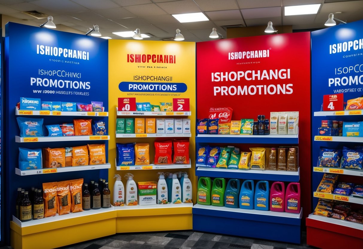 A vibrant display of iShopChangi promotions, featuring a variety of products and discounts, with the iShopChangi logo prominently displayed