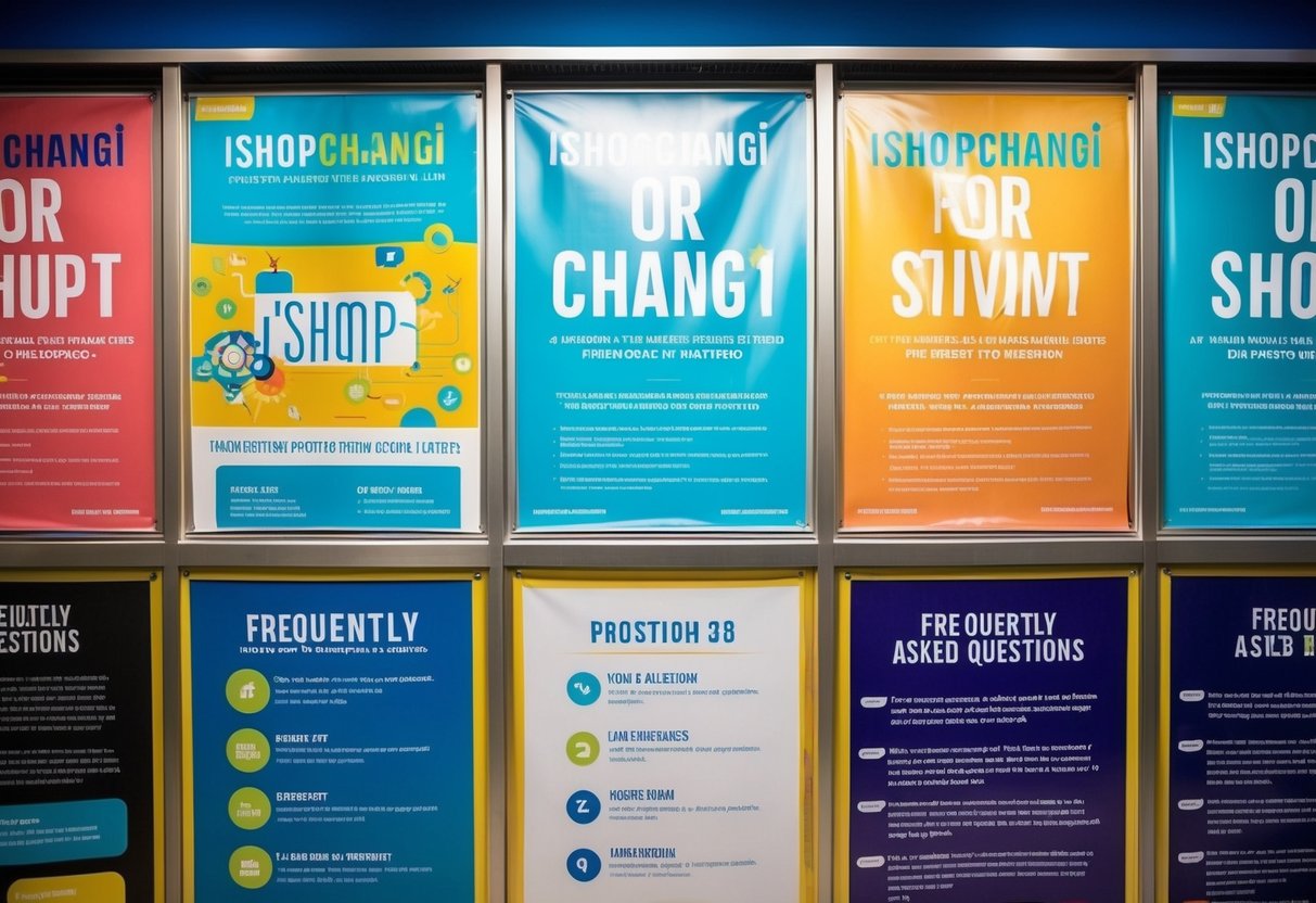 A vibrant display of promotional posters and banners for ishopchangi, with a section dedicated to frequently asked questions