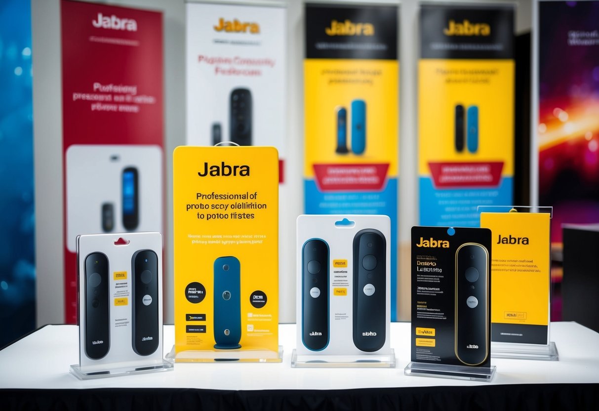 A colorful display of Jabra products with promotional signs and banners