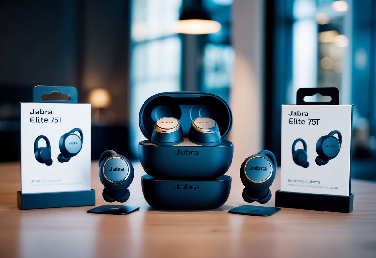 A pair of Jabra Elite 75t wireless earbuds displayed with promotional materials in a sleek, modern setting