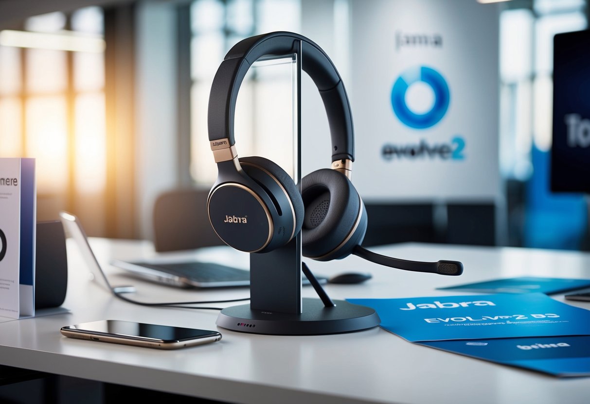 A sleek and modern office desk with a Jabra Evolve2 85 headset on a stand, surrounded by promotional materials and branding