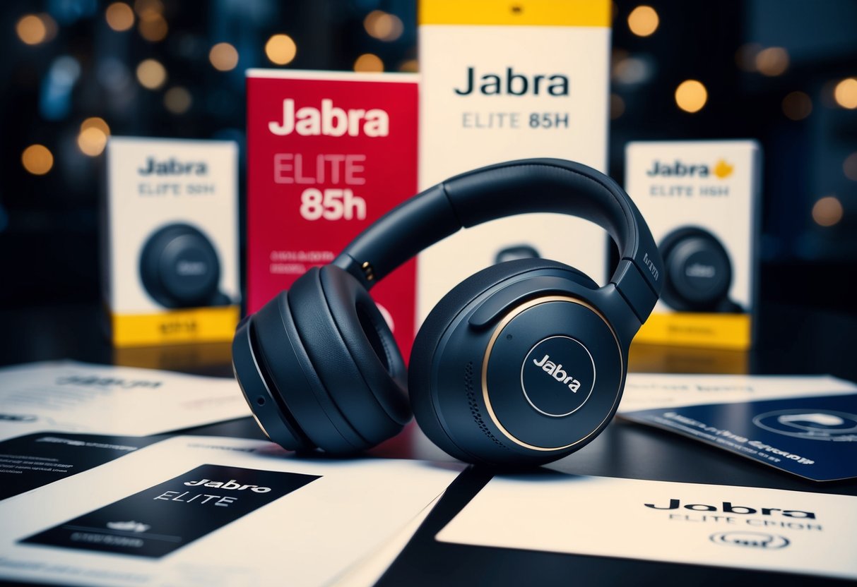A pair of Jabra Elite 85h headphones surrounded by promotional materials and logos