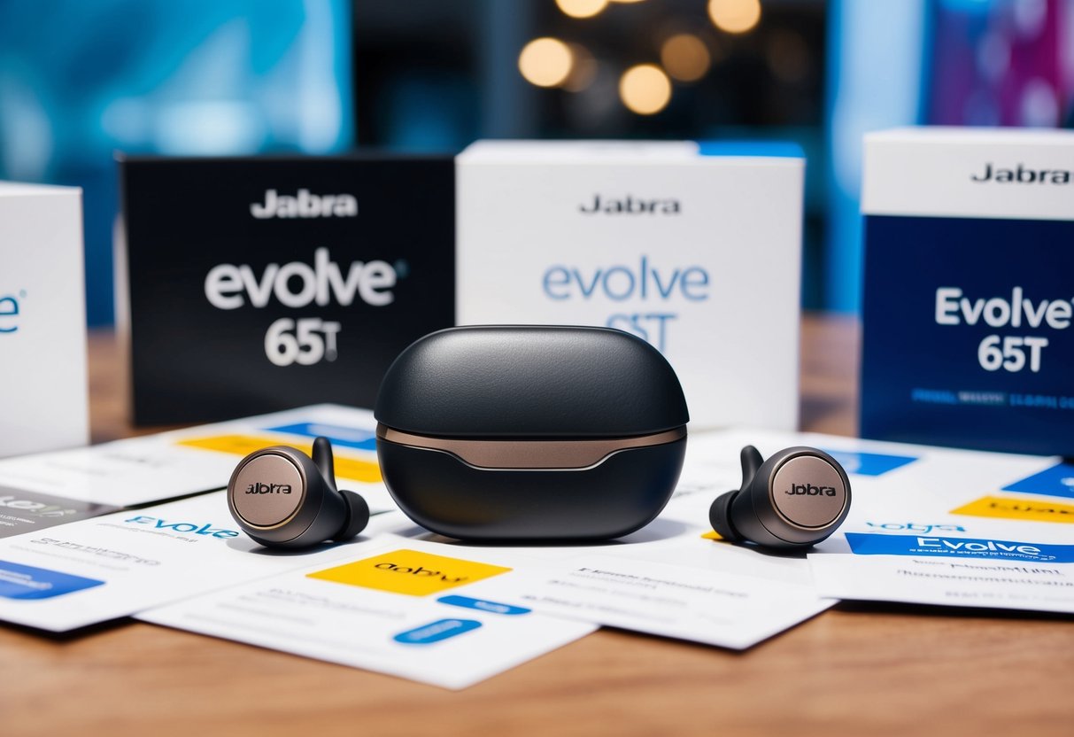 A sleek Jabra Evolve 65t wireless earbuds surrounded by promotional materials and logos