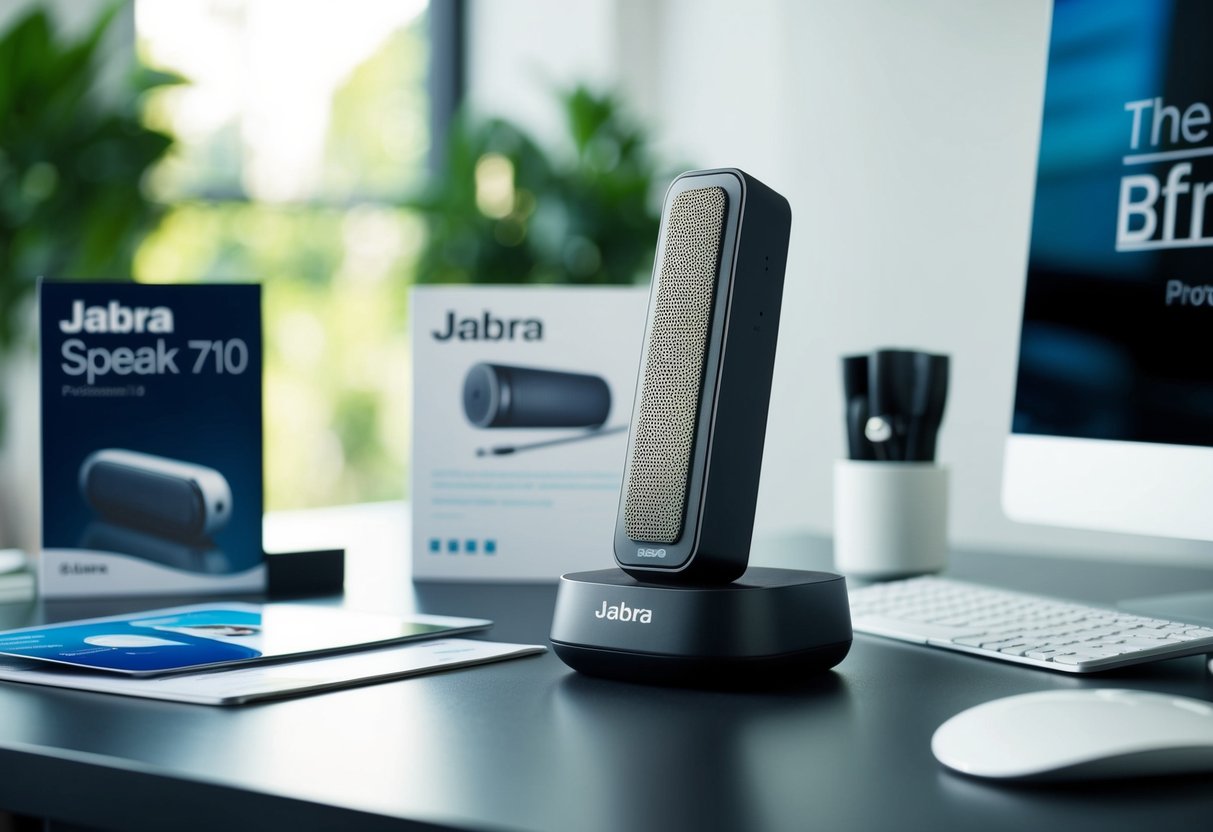 A sleek Jabra Speak 710 sits on a modern desk, surrounded by promotional materials and a professional setting