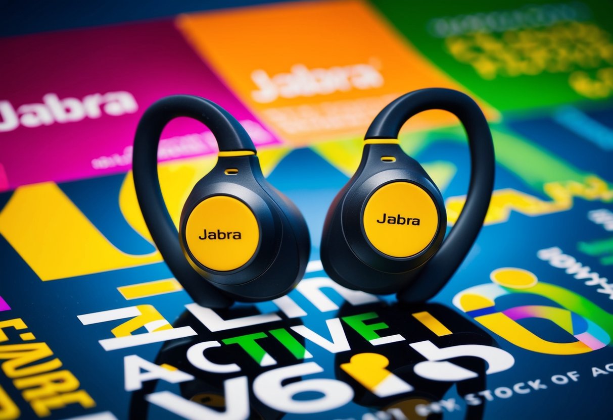 A pair of Jabra Elite Active 65t earbuds surrounded by vibrant promotional graphics and logos