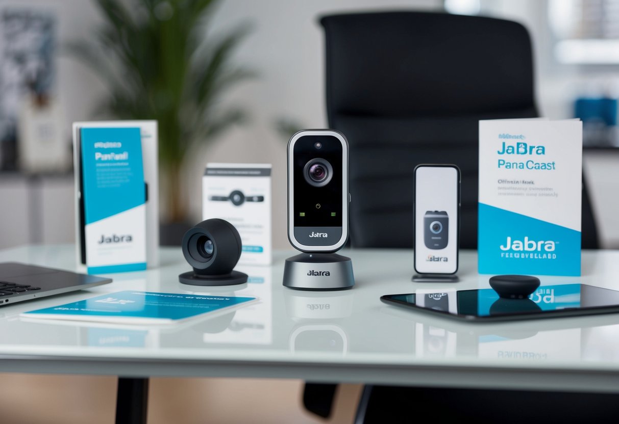 A sleek, modern office desk with a Jabra PanaCast camera in the center, surrounded by promotional materials and branded merchandise