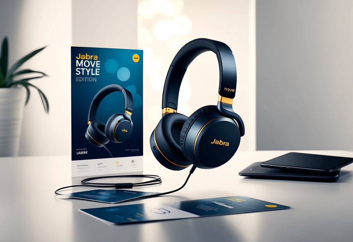 A stylish pair of Jabra Move Style Edition headphones showcased with promotional materials in a modern, minimalist setting