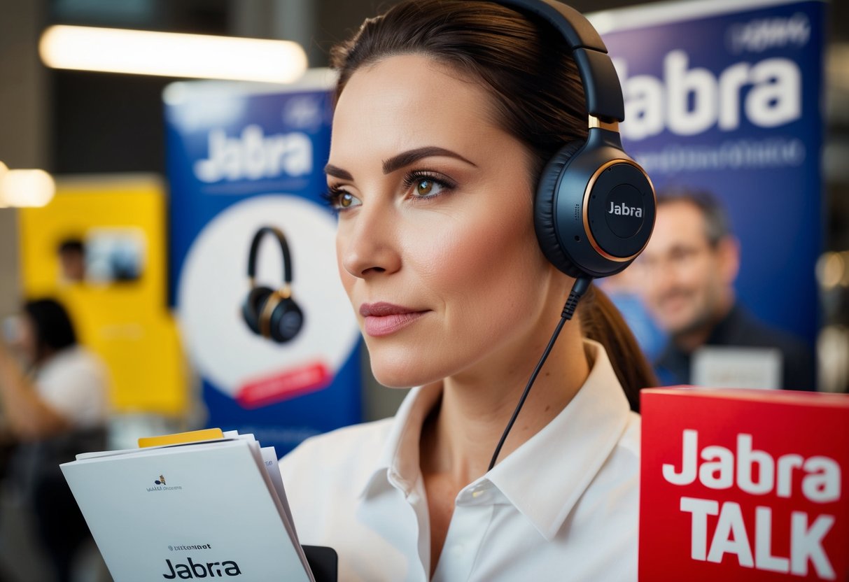 A person wearing a Jabra Talk 45 headset while surrounded by promotional materials