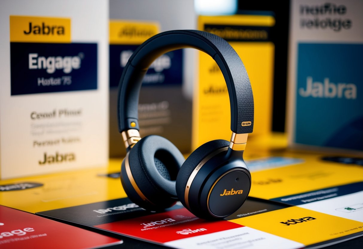 A sleek Jabra Engage 75 headset surrounded by promotional materials and logos