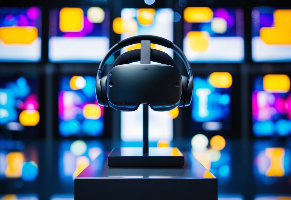 A sleek, modern headset sits on a pedestal, surrounded by vibrant promotional materials and flashing digital screens