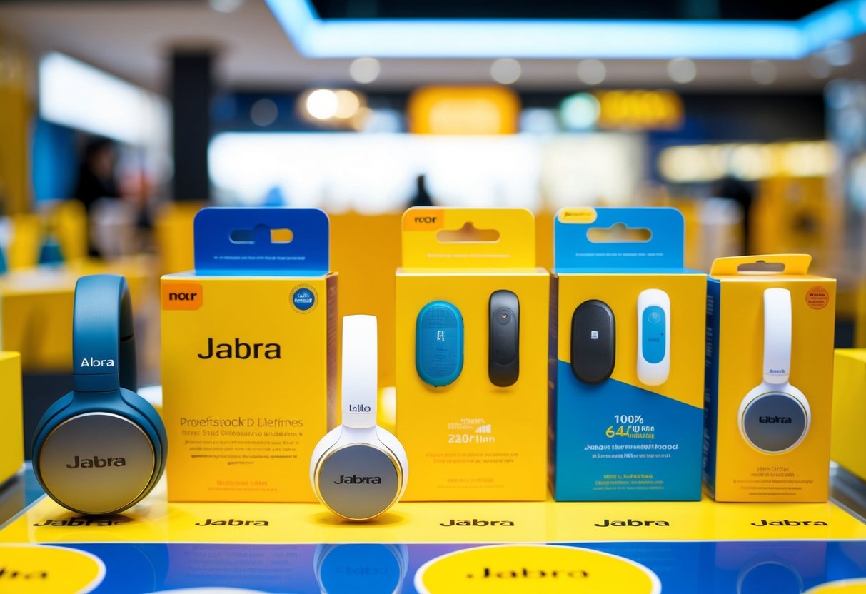 A bright, colorful display of Jabra products with promotional signs and logos