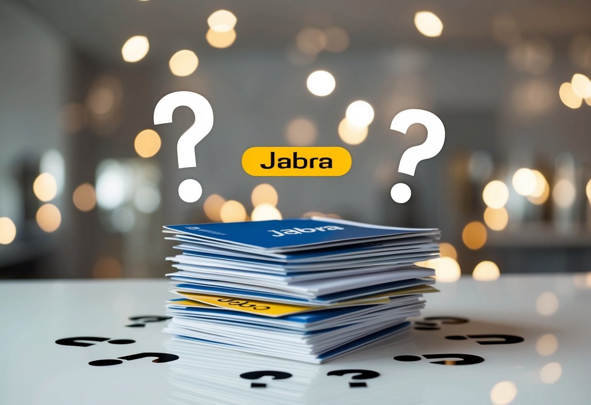 A stack of promotional materials with the Jabra logo, surrounded by question marks