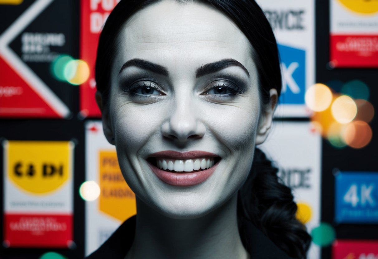 A smiling, youthful face with a defined jawline, surrounded by promotional banners and logos