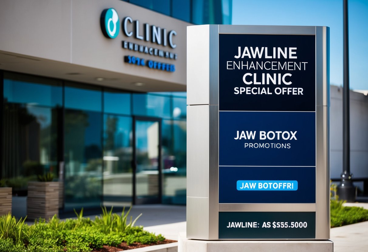 A sleek, modern clinic exterior with a prominent sign advertising "Jawline Enhancement Clinic Special Offer" and "jaw botox promotions."