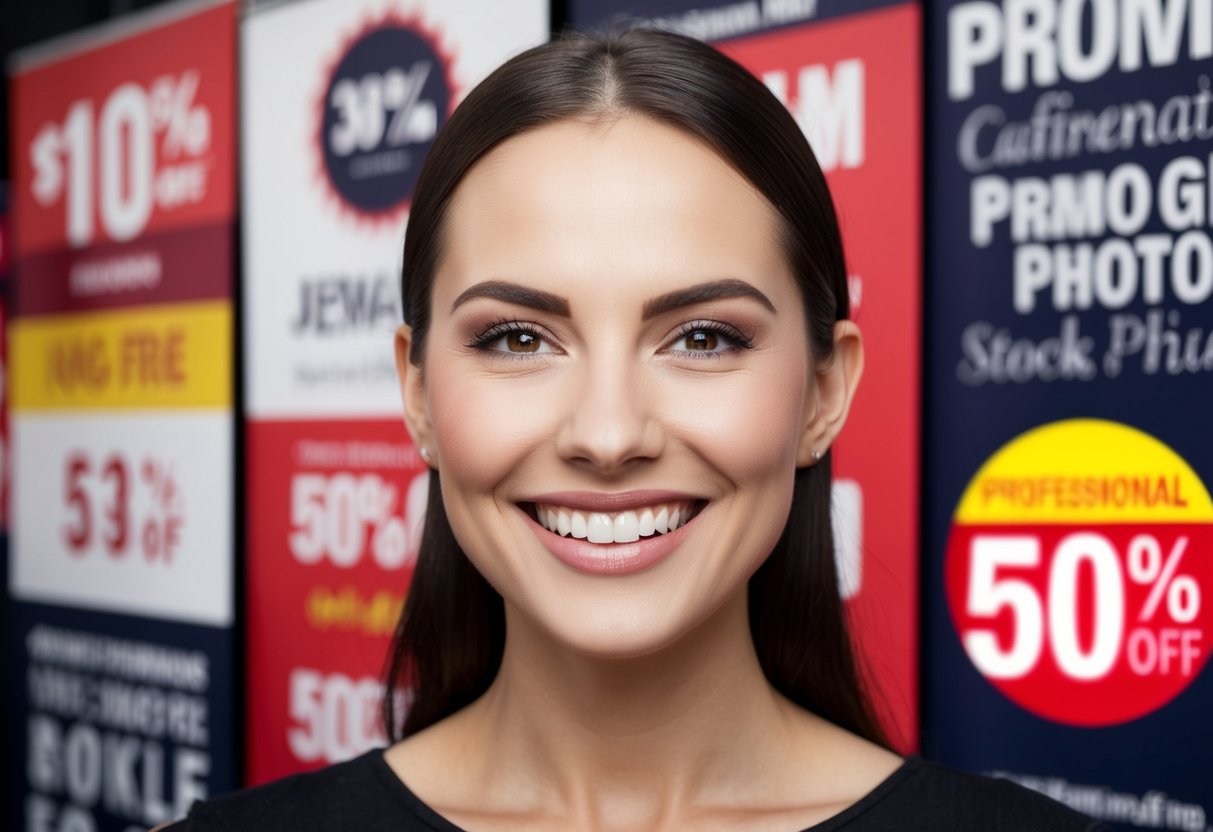 A smiling female face with defined jawline, surrounded by promotional banners and a 50% off sticker