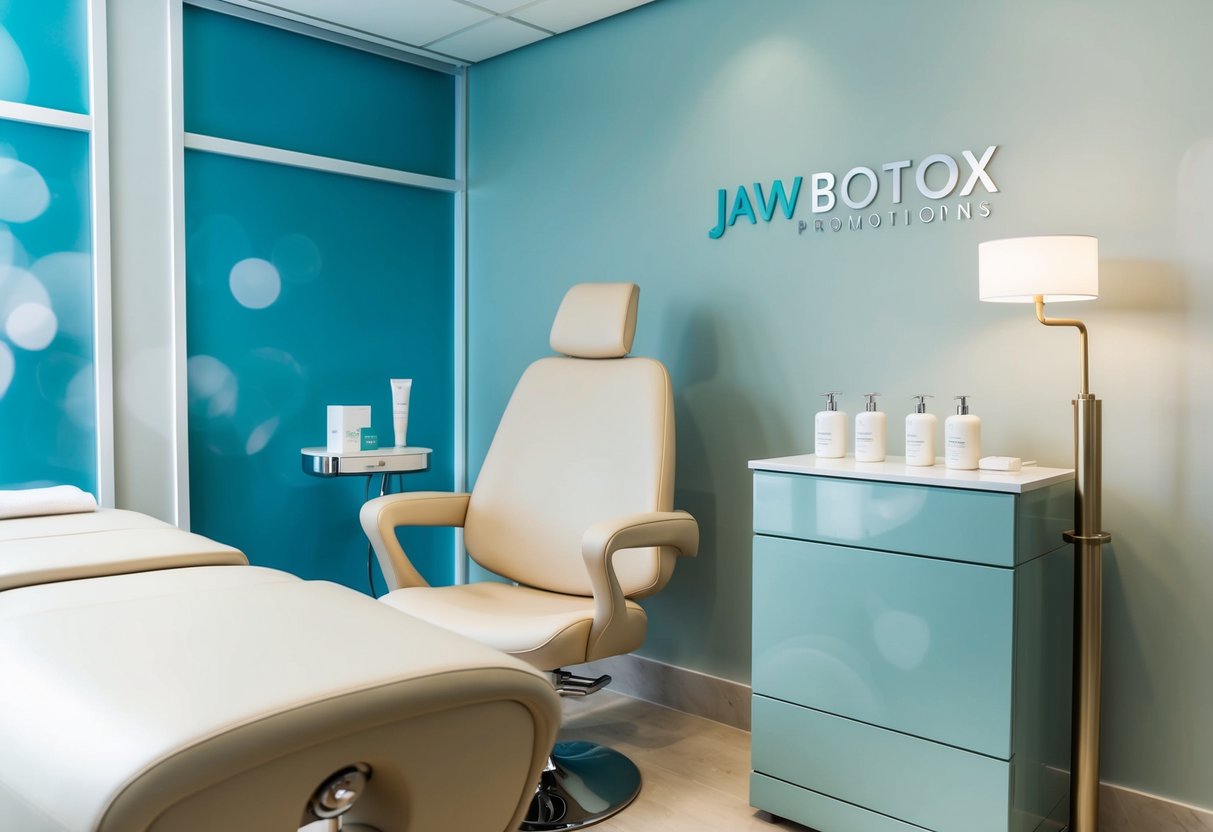 A serene spa setting with a sleek, modern chair and a calming color scheme, featuring subtle branding for jaw botox promotions