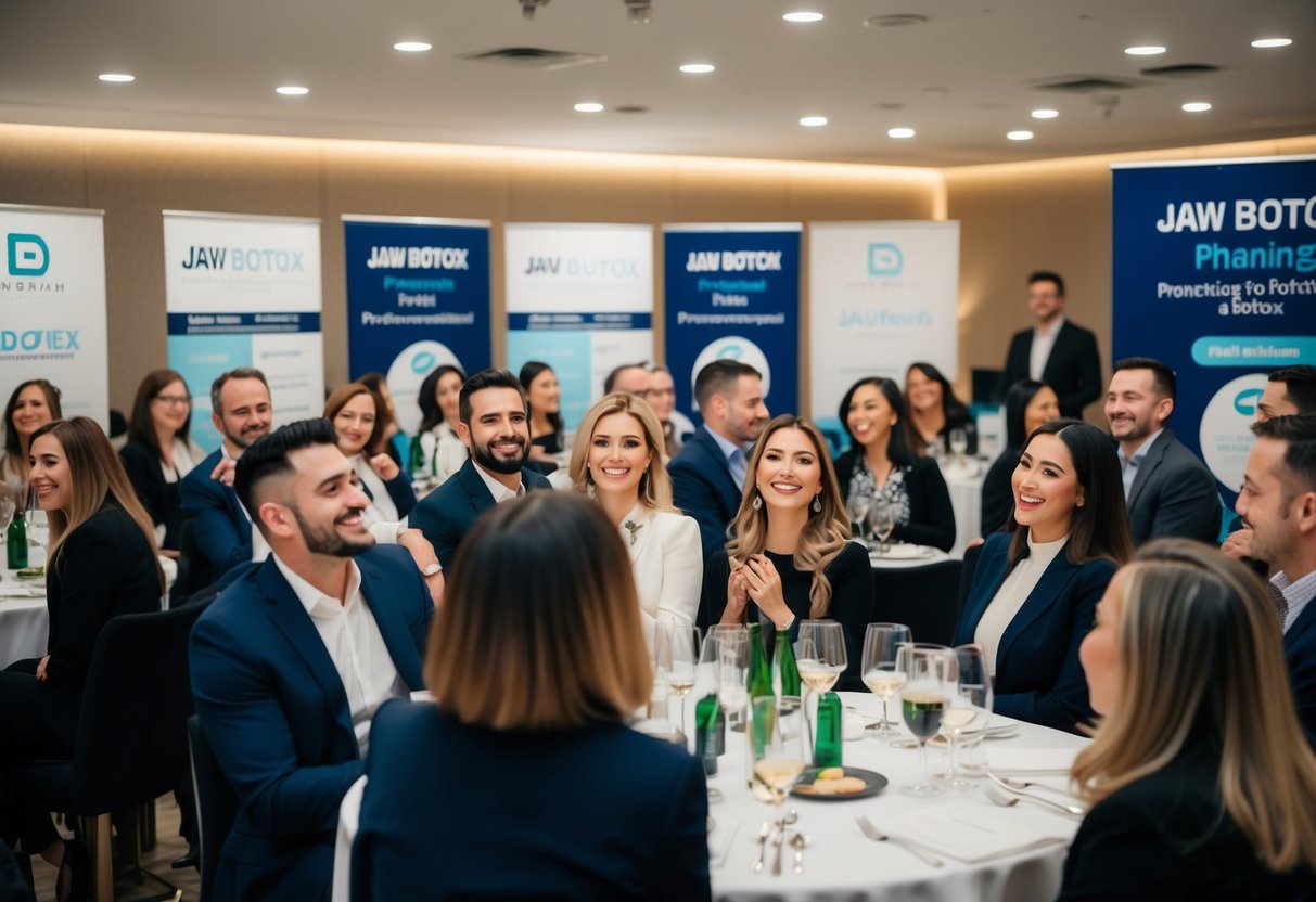 A group of people enjoying a promotional event for jaw botox, with banners and promotional materials displayed around the venue