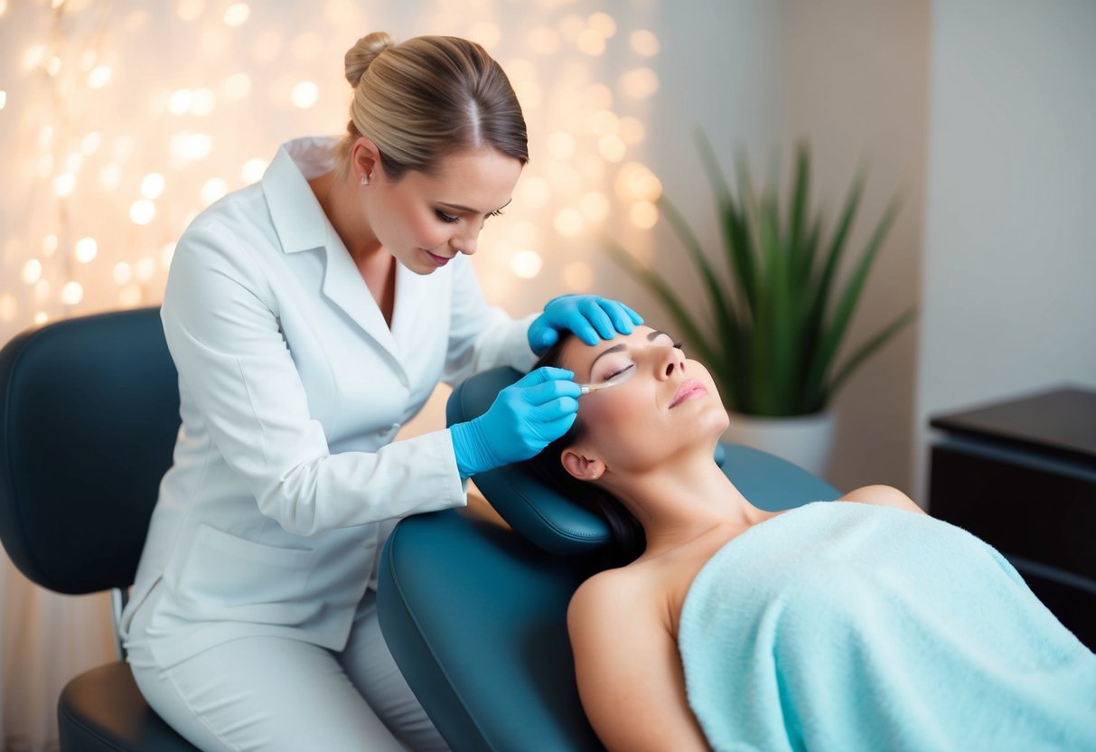 A serene spa setting with a sleek, modern chair and a professional administering jaw botox to a relaxed client