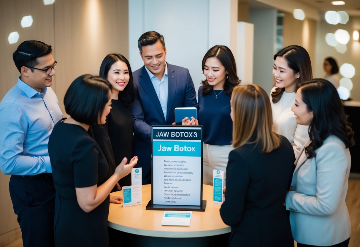 A group of people gathered around a promotional display for jaw botox, with a sign listing frequently asked questions