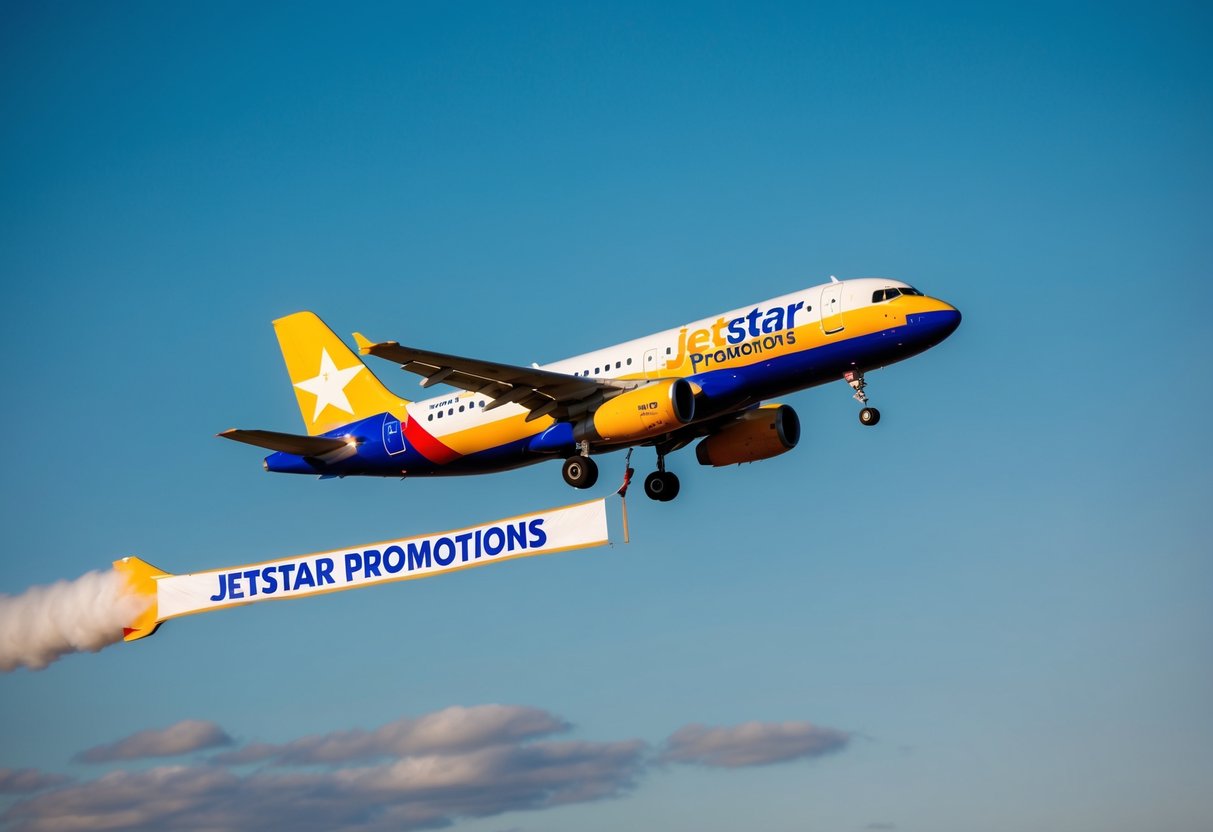 A colorful airplane flying through a blue sky with a banner displaying "Jetstar Promotions" trailing behind