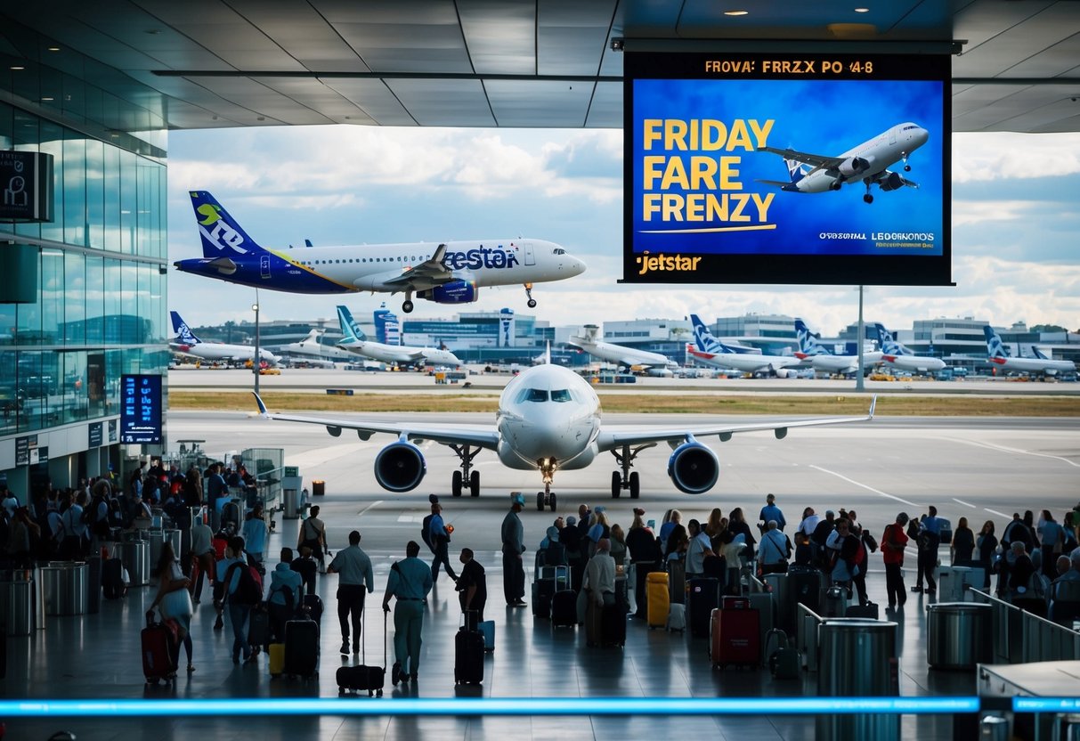 A crowded airport terminal with planes on the tarmac, a Jetstar airplane taking off, and a banner advertising "Friday Fare Frenzy" promotions