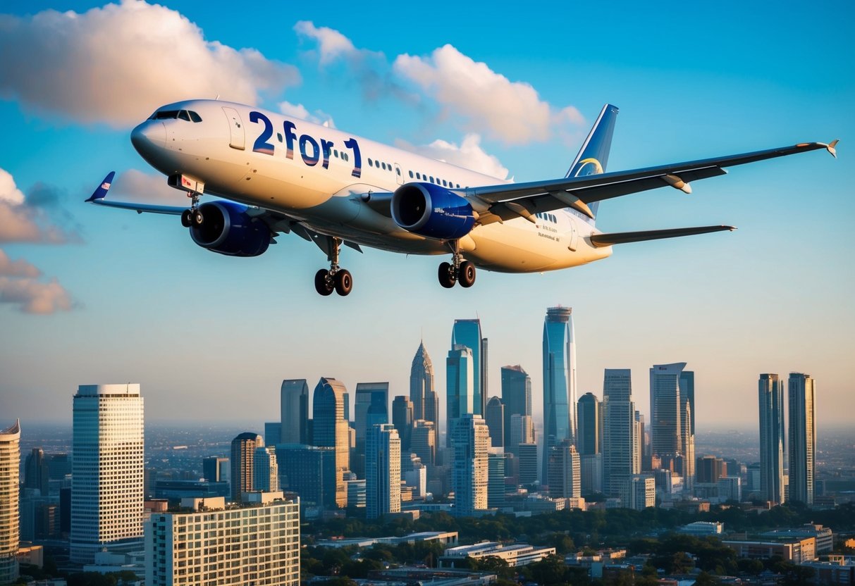 An airplane flying over a city skyline with a "2-for-1 Flight Deals" banner