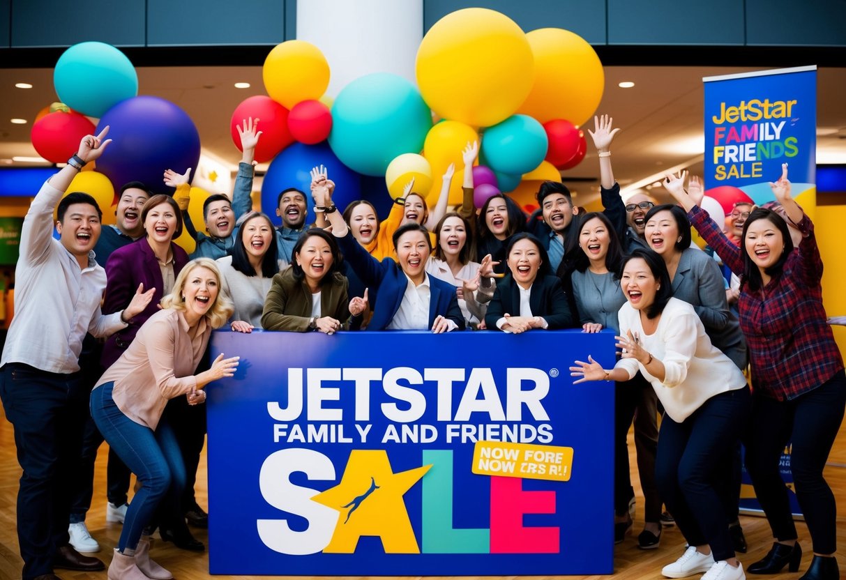 A group of diverse people excitedly gather around a vibrant promotional display for Jetstar's Family and Friends Sale