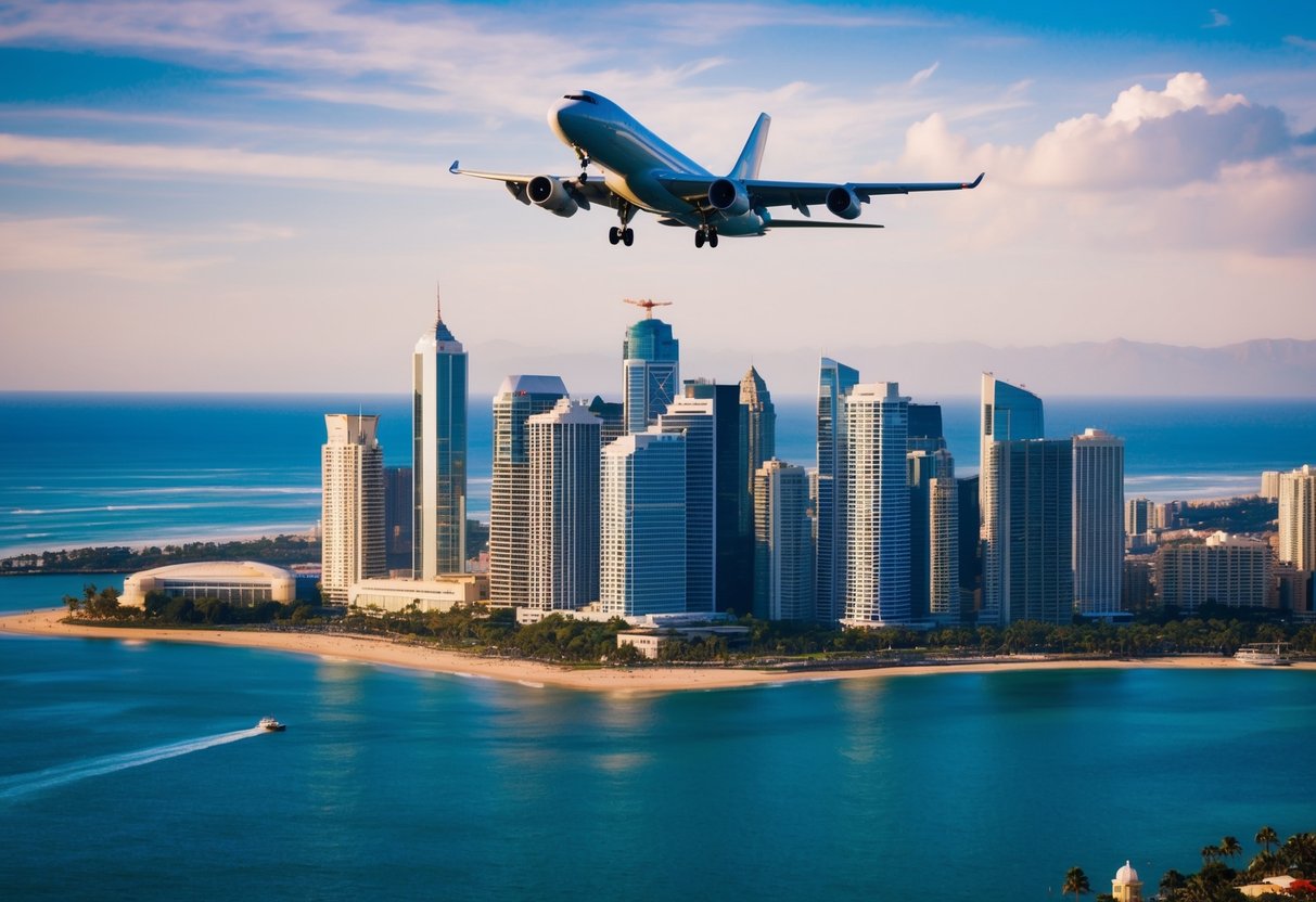 A vibrant city skyline with a jet flying overhead, a famous landmark, and a scenic beach in the background