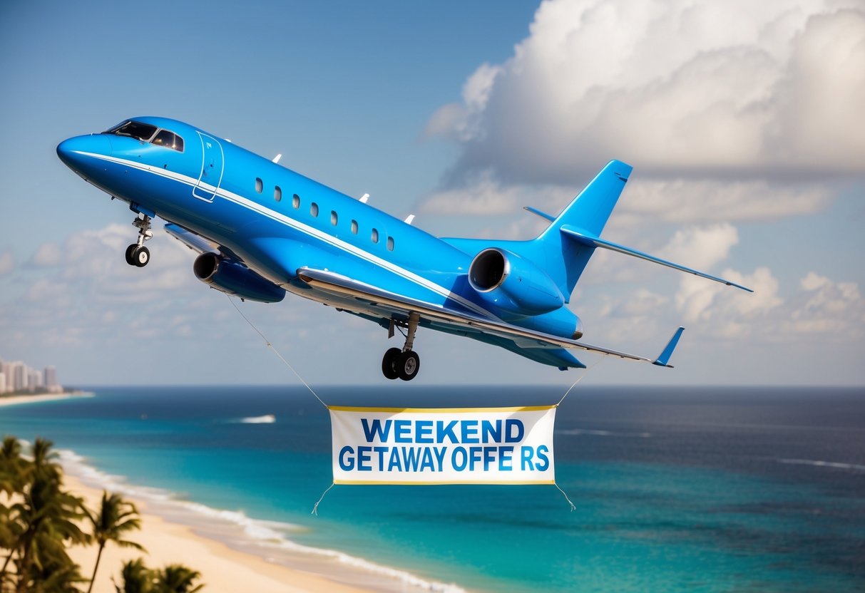 A bright blue jet soaring above a palm-fringed beach with a "Weekend Getaway Offers" banner