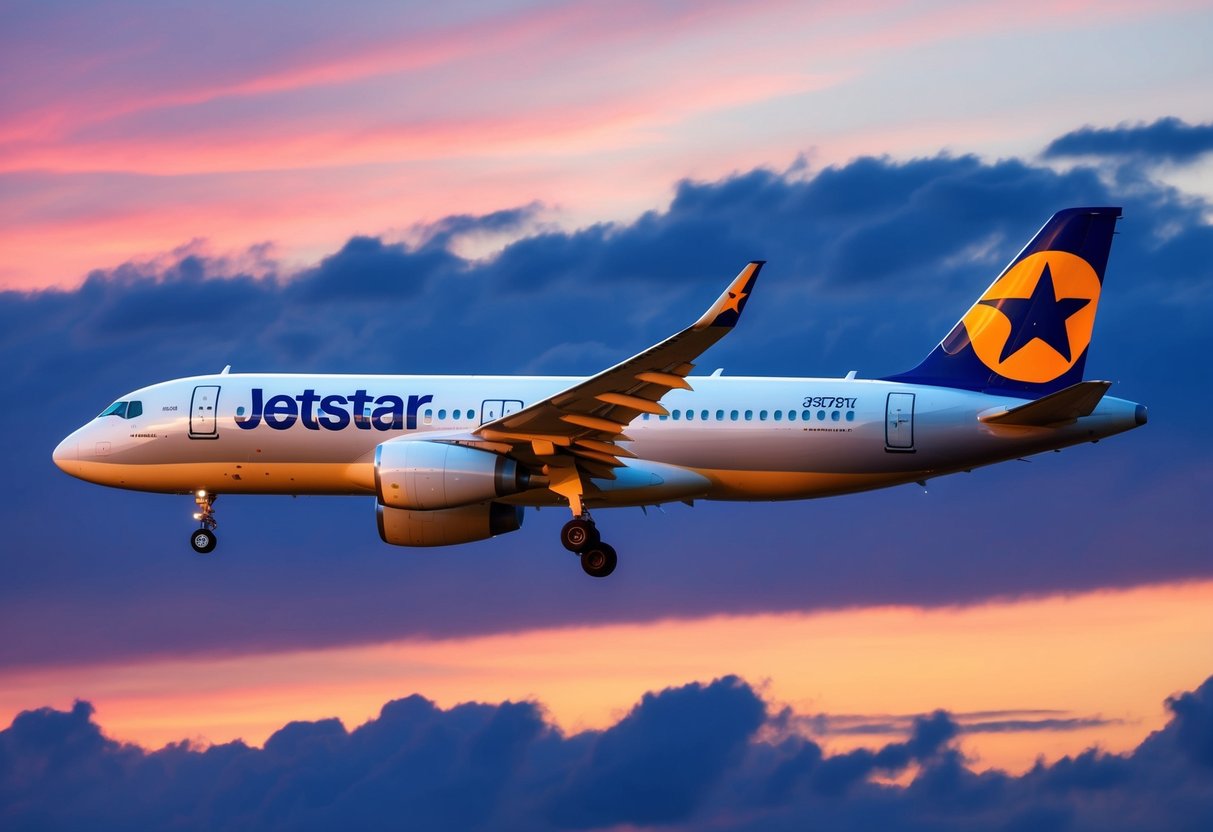 A sleek, modern jet takes off against a backdrop of a vibrant sunset, with the Jetstar logo prominently displayed on the tail