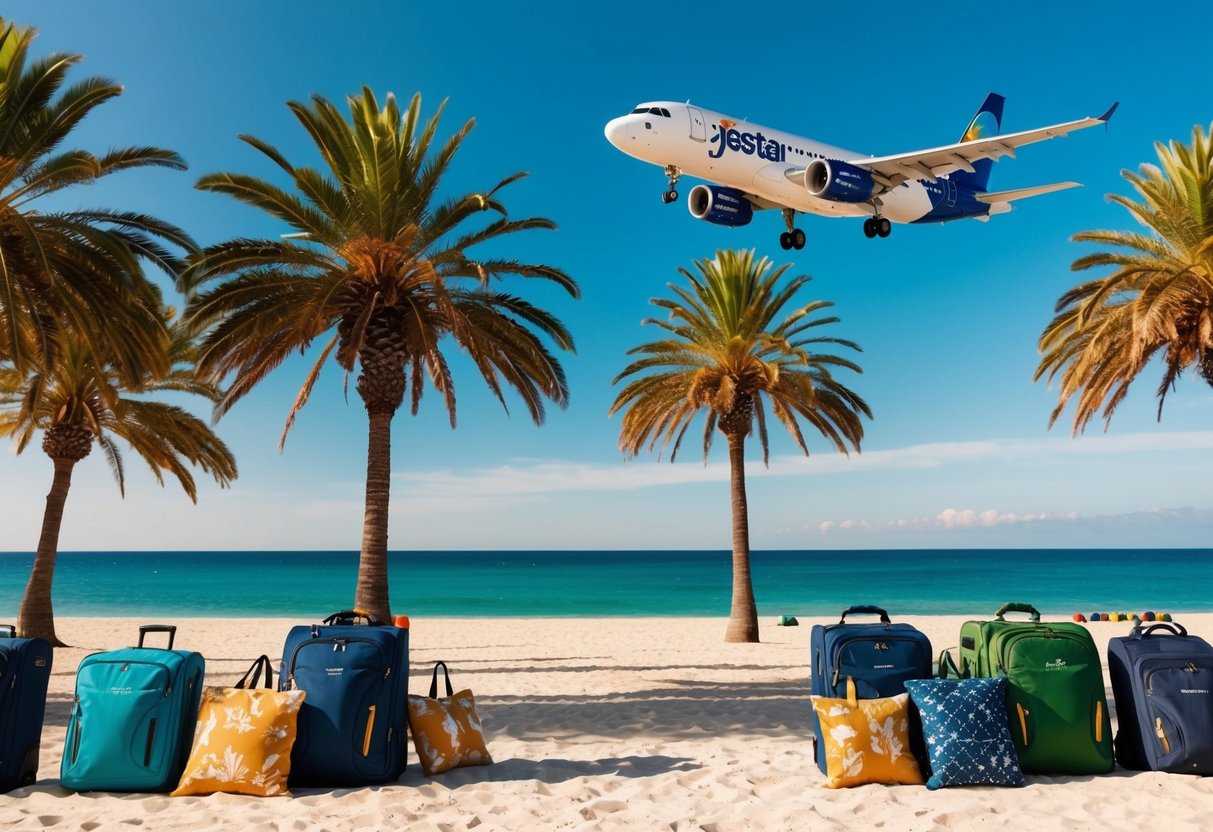 A sunny beach with palm trees, a clear blue sky, and a jetstar airplane flying overhead, surrounded by seasonal travel bundles