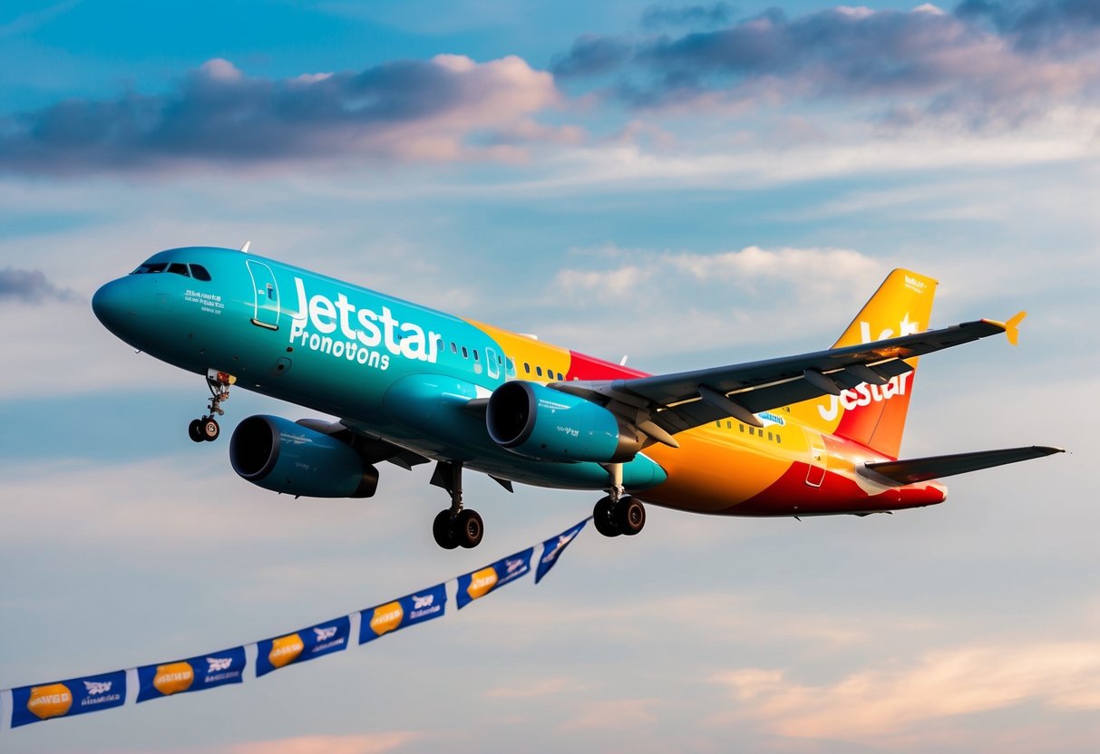 A colorful airplane flying high in the sky with a banner trailing behind, promoting Jetstar promotions