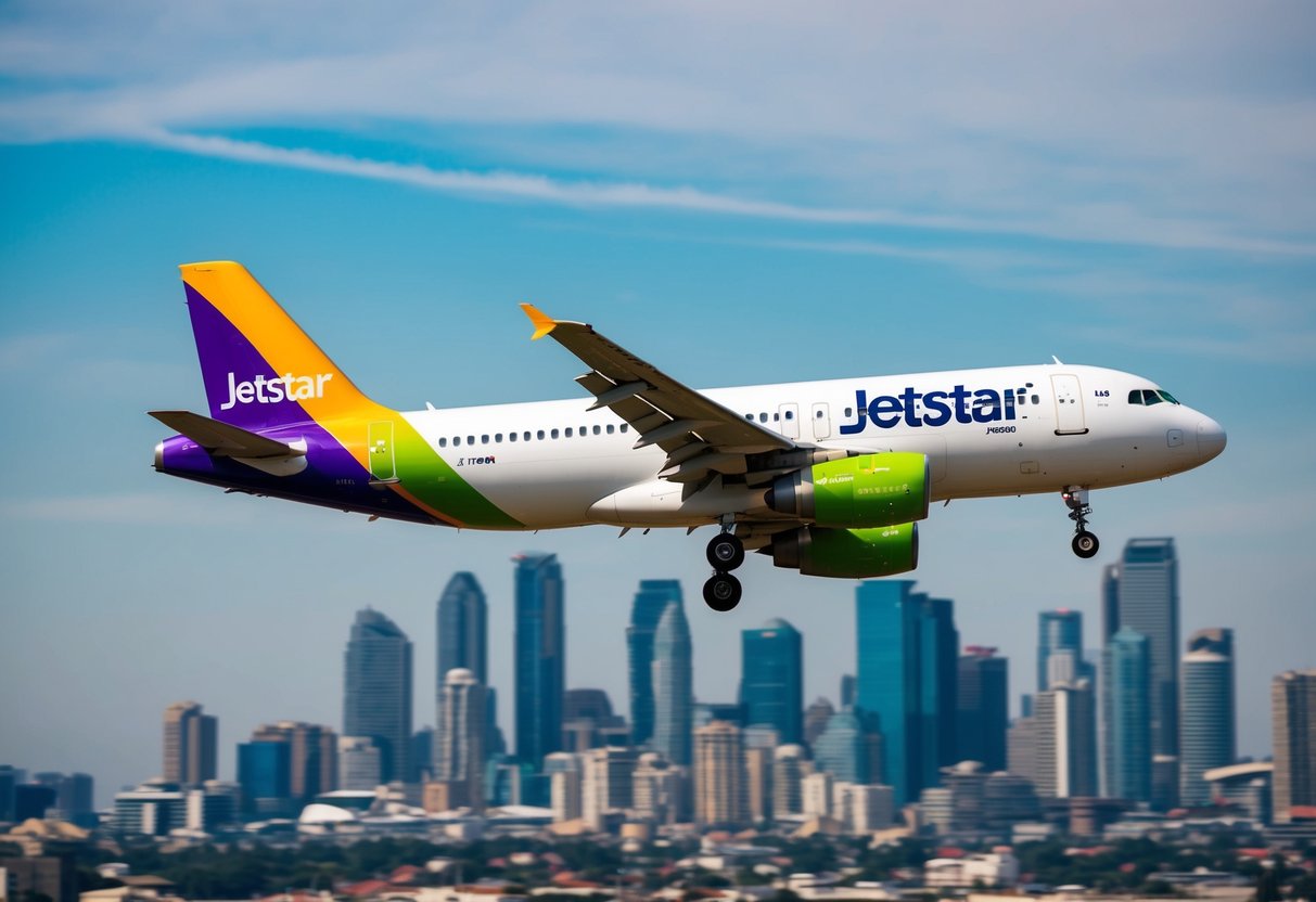 A colorful airplane flying over a city skyline with a Jetstar logo displayed prominently on its tail