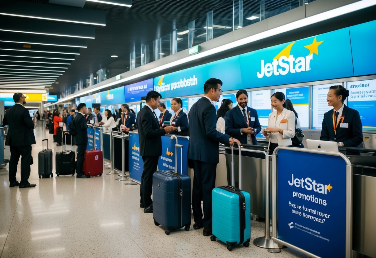 A busy airport terminal with people lining up at a Jetstar promotions booth, while staff members answer questions. Luggage and signage indicate travel