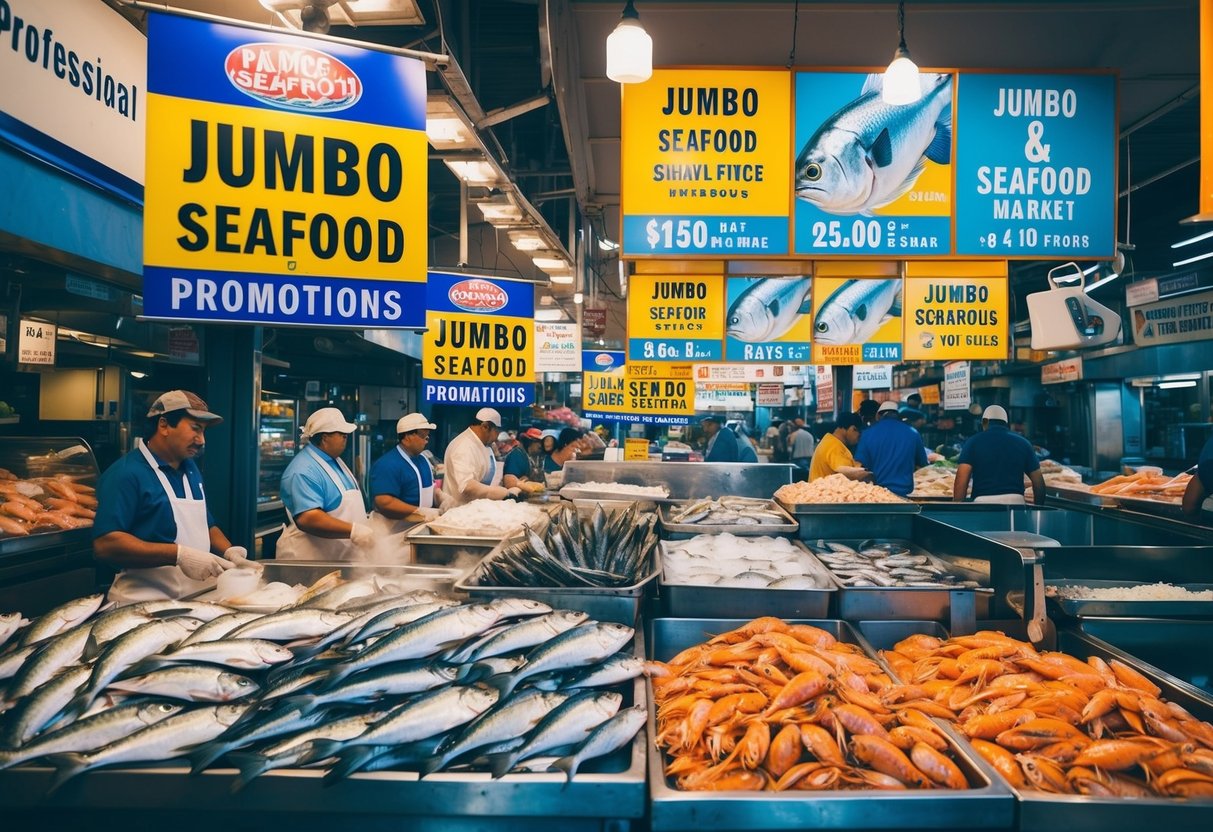 A bustling seafood market with colorful signs and banners advertising jumbo seafood promotions. Tables piled high with fresh fish and shellfish