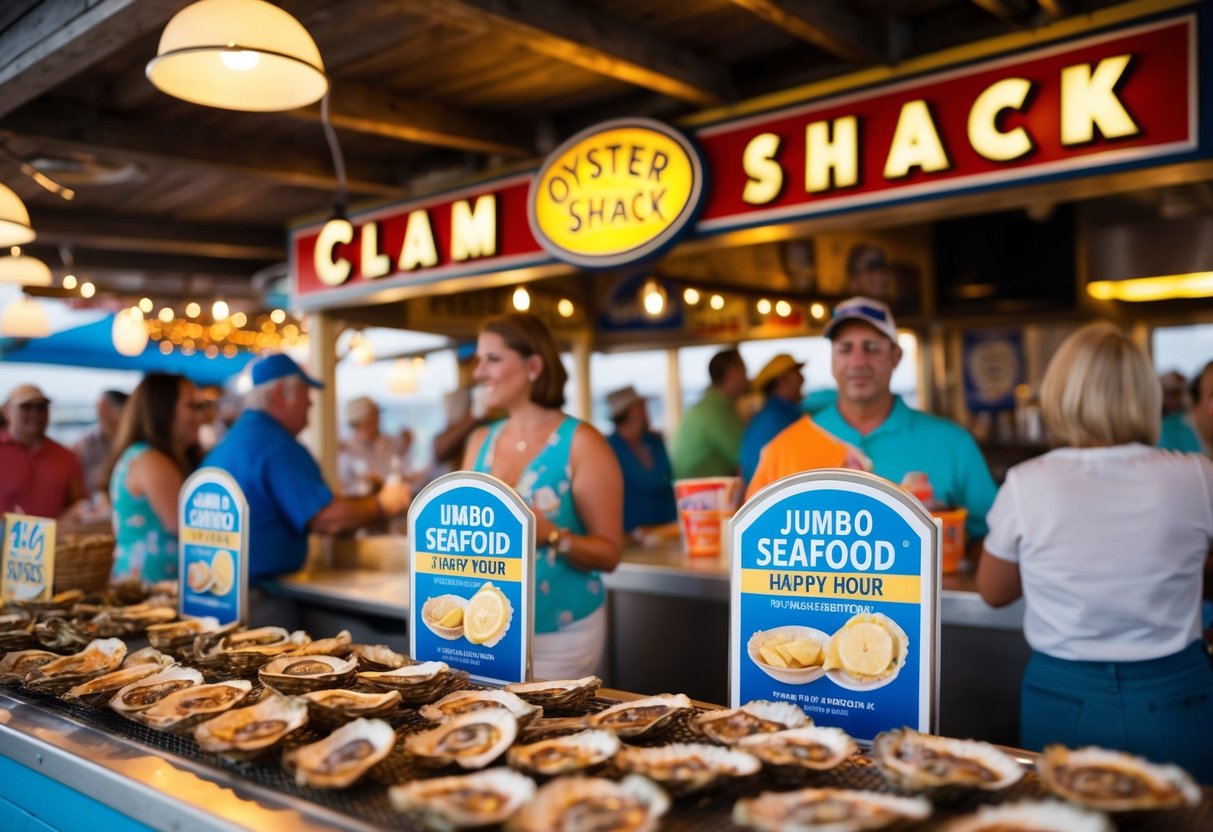 The lively atmosphere of The Clam Shack during Oyster Happy Hour, with jumbo seafood promotions on display and customers enjoying the festive ambiance