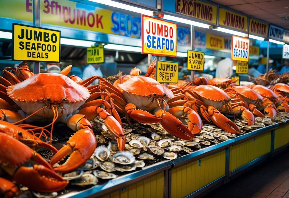 A bustling seafood market with giant crabs, lobsters, and oysters on display, surrounded by colorful signs advertising exciting jumbo seafood deals