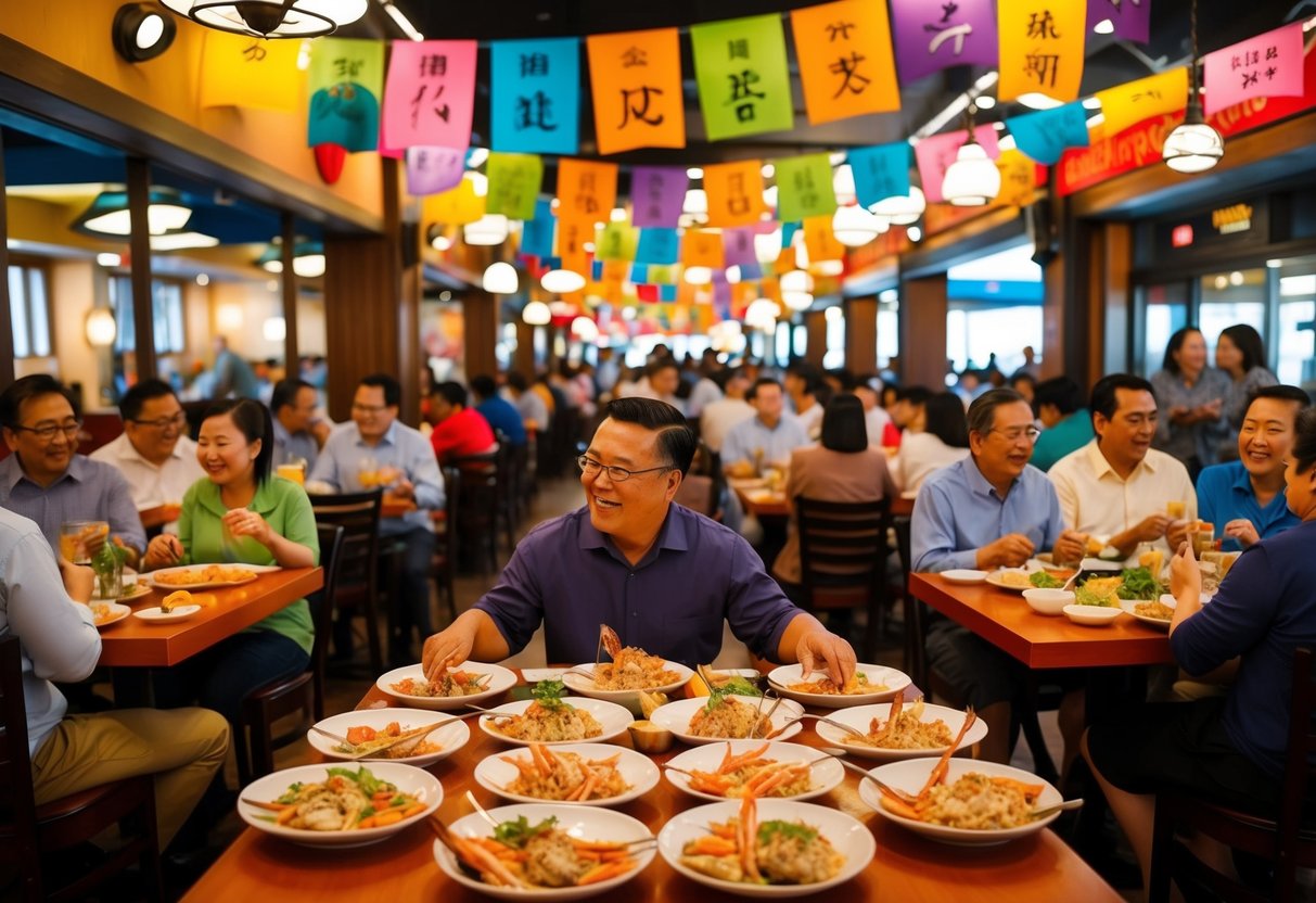 A bustling restaurant with colorful banners and tables filled with happy diners enjoying jumbo seafood dishes